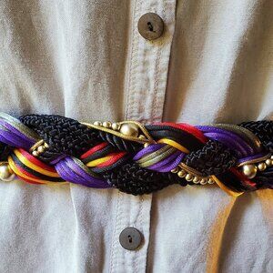 Vintage 80's Braided Fabric Cord & Beaded Belt Statement Cinch Wearable Art